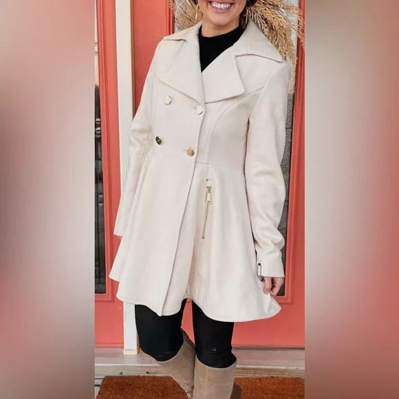 Laundry By Shelli Segal Double Breasted Fit &Flare Cream Pea Coat - Picture 3 of 6